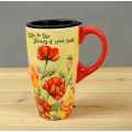 Afternoon Latte mug,Ceramic Travel Coffee Mug with lid, 17 ounces.